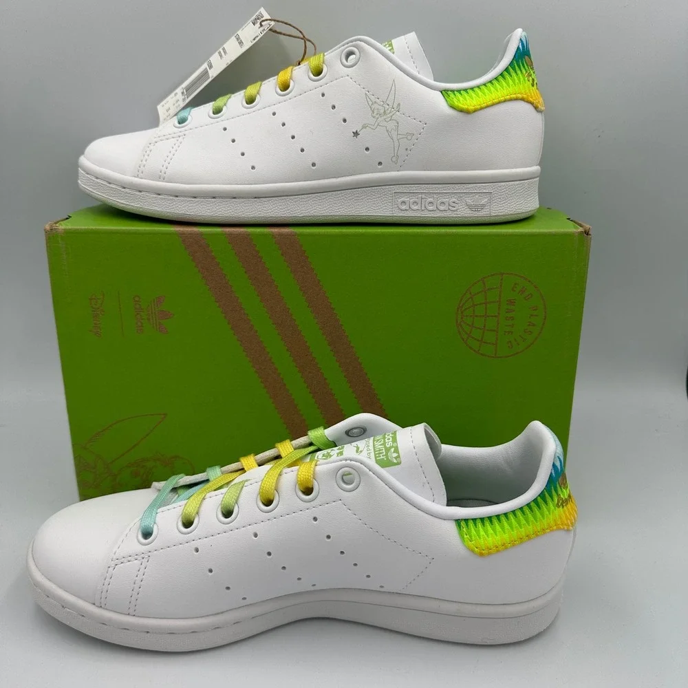 Adidas Stan Smith J FX5998 Kids Disney Tinkerbell White Rainbow Lace Shoes Sz‎ 5